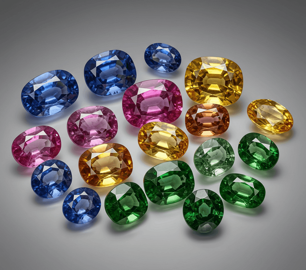 Nineteen faceted sapphires in blue, pink, yellow, orange and green, the birthstone for September.