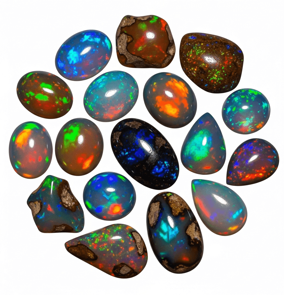Seventeen opal cabochons flashing green, orange and blue, several still held in their brown matrix, the birthstone for October.