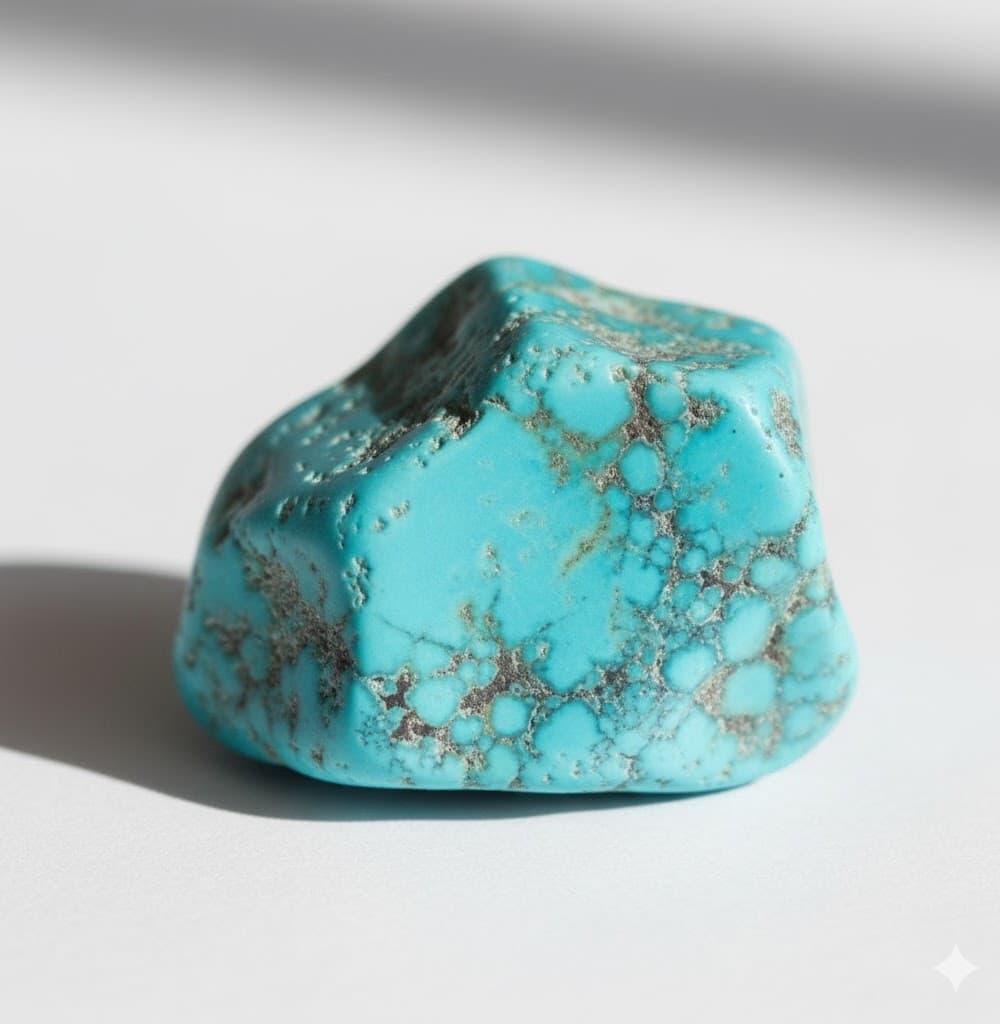 A polished turquoise stone veined with dark matrix, the birthstone for December.