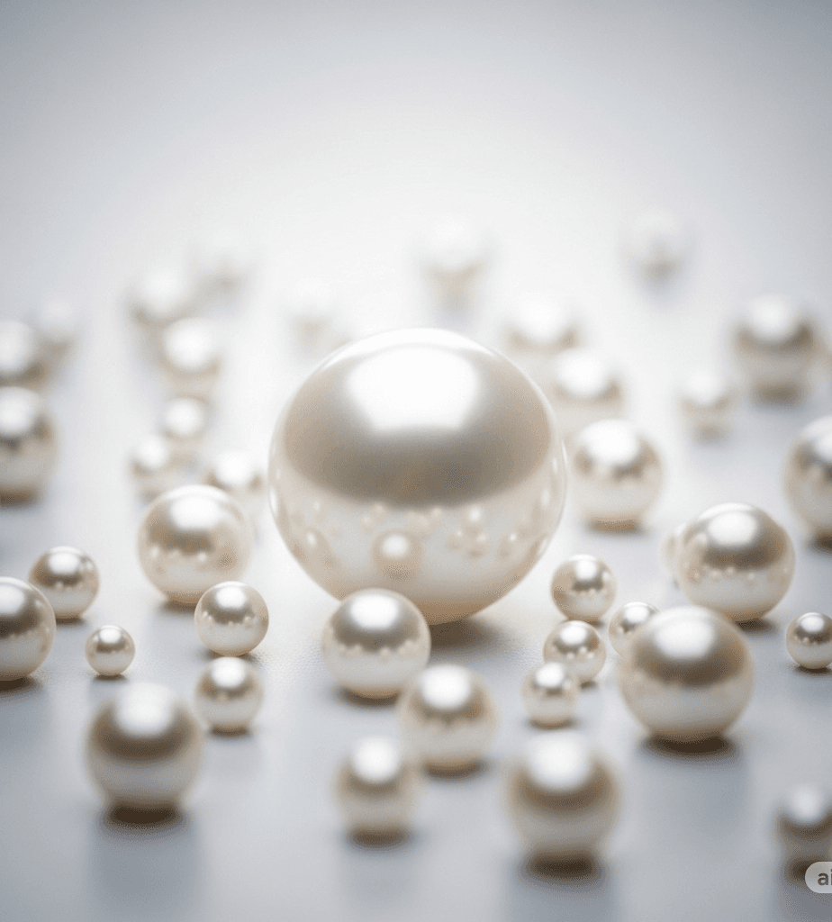 One large lustrous pearl among dozens of smaller ones, the birthstone for June.