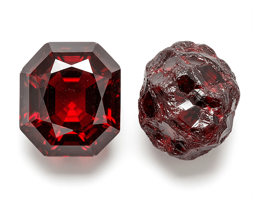 A faceted deep-red garnet beside a rough garnet crystal, the birthstone for January.