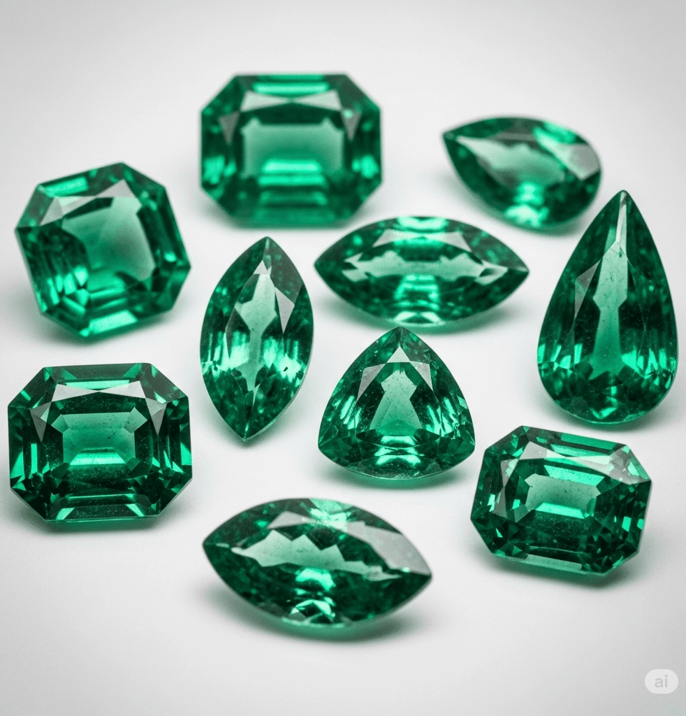 Ten faceted emeralds in emerald, marquise, pear and trillion cuts, the birthstone for May.