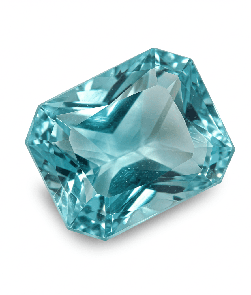 A large emerald-cut aquamarine in pale sea blue, the birthstone for March.