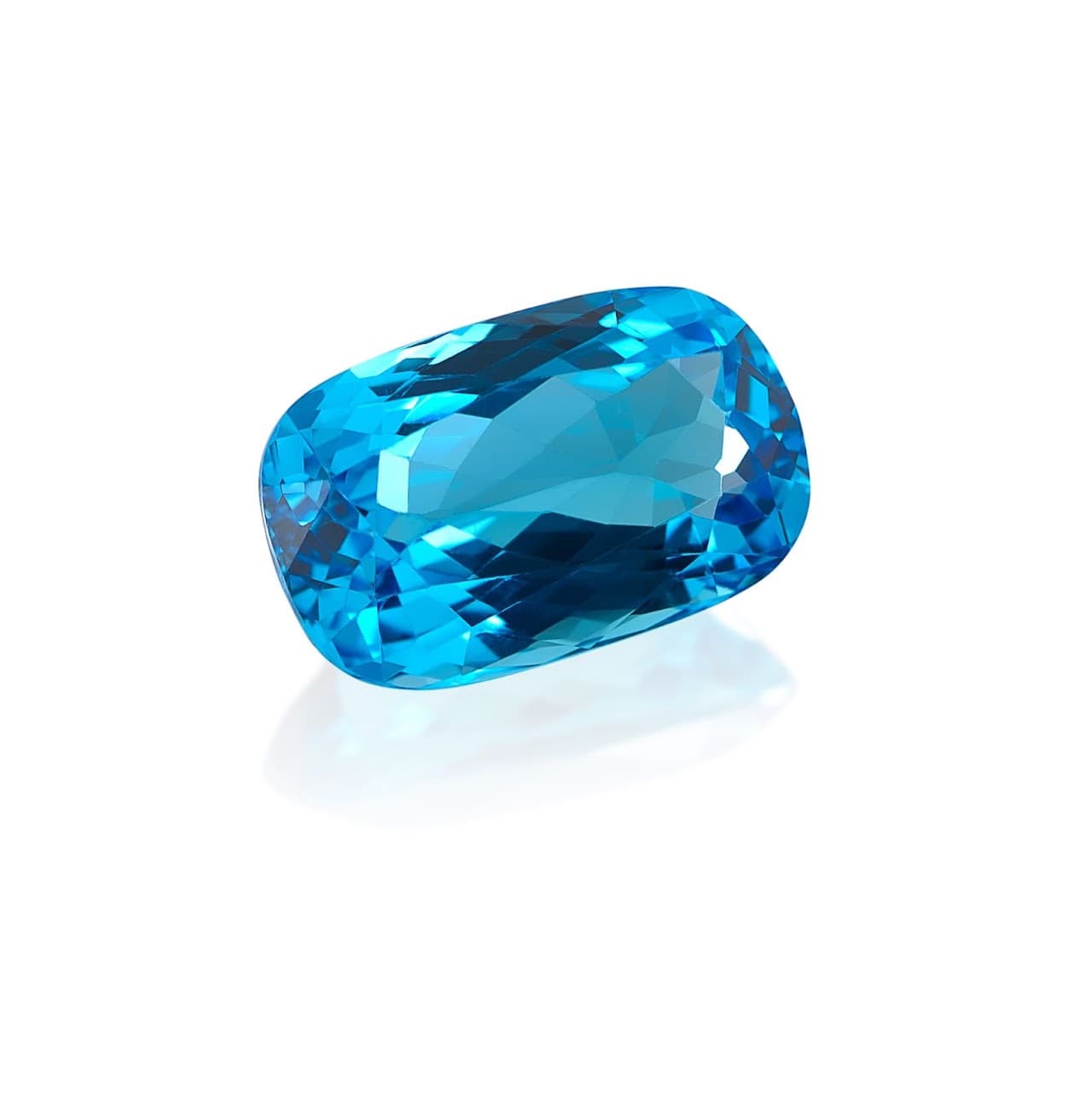 A cushion-cut blue topaz, the birthstone for November.