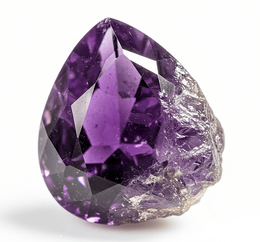 A pear-shaped amethyst, faceted on one side and left rough on the other, the birthstone for February.