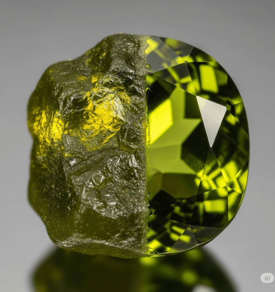 An olive-green peridot, rough on one half and faceted on the other, the birthstone for August.