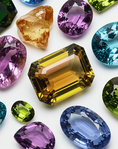 Assorted semi-precious stones around a large emerald-cut citrine: amethyst, blue topaz, peridot and tanzanite.