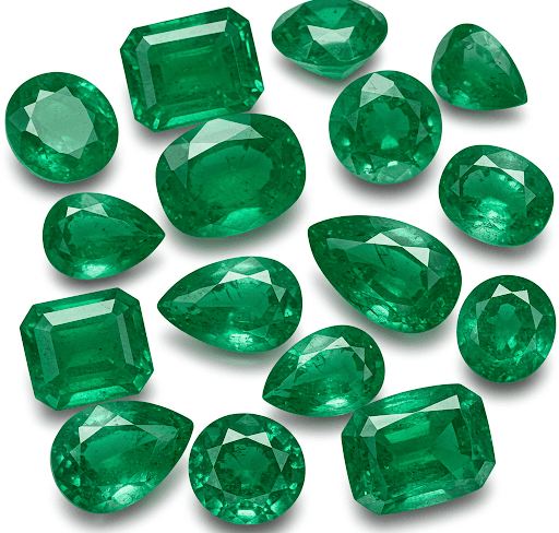 Sixteen faceted emeralds in emerald, oval, pear and round cuts, all in the deep green the stone is prized for.