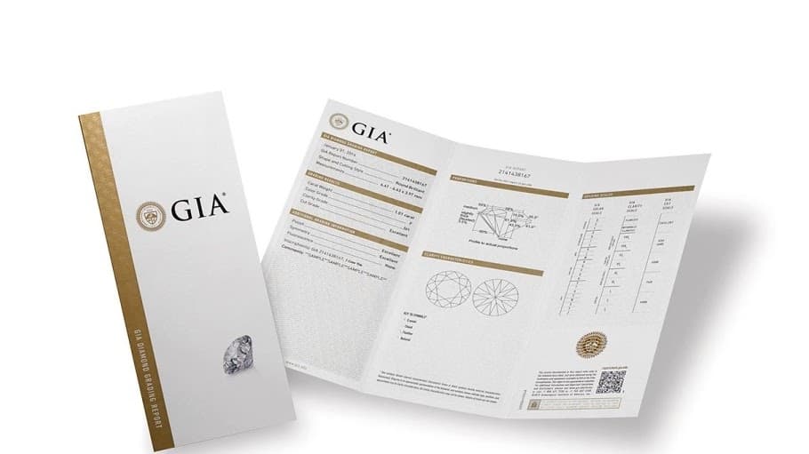 An open GIA diamond grading report showing carat weight, color, clarity and cut grades beside a plotted clarity diagram and proportions chart.