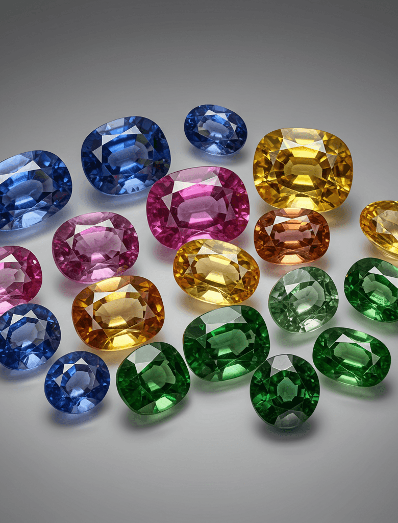 Twenty faceted sapphires in blue, pink, yellow, orange and green, showing the range of colors the stone occurs in.