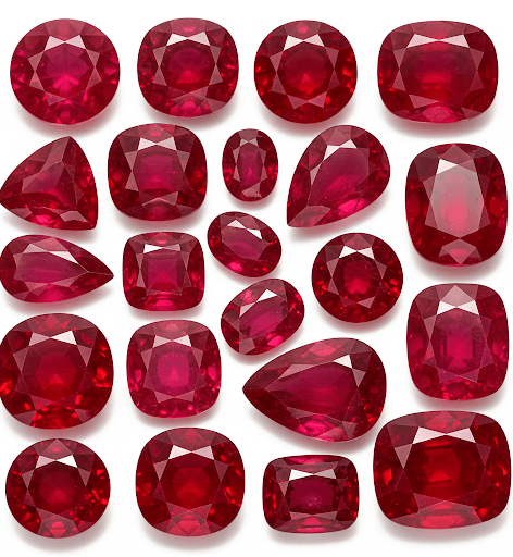 Two dozen faceted rubies in cushion, oval, pear and round cuts, ranging from deep crimson to bright red.