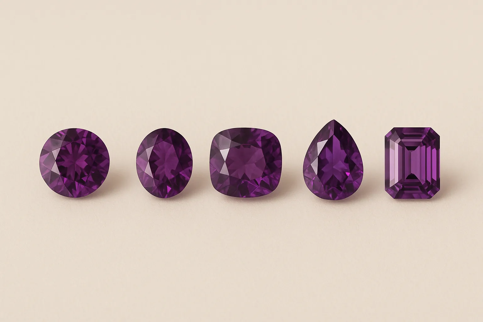 Five amethysts of identical color and size in a row, cut as a round brilliant, an oval, a cushion, a pear and an emerald cut.