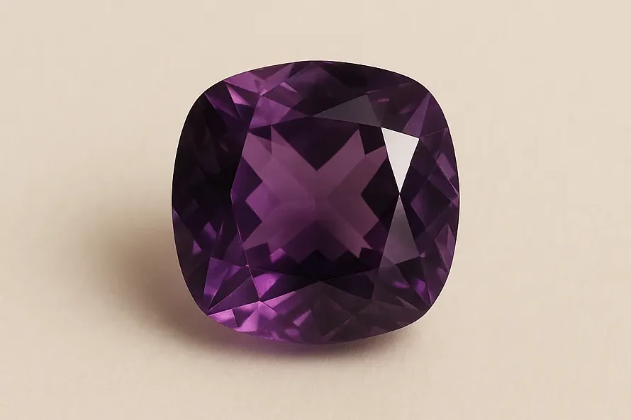 A single loose cushion-cut amethyst in a deep even purple, resting alone on a warm ivory surface.
