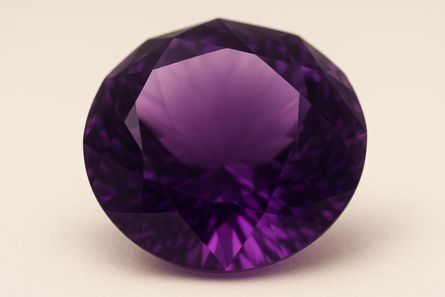 Extreme close-up of a round brilliant amethyst, showing the purple deepening through the body of the stone and light returning from the pavilion facets.