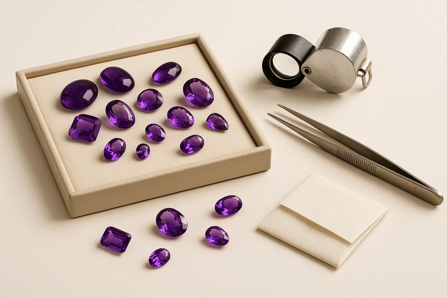 A gem tray of loose amethysts in assorted sizes beside a jeweller's loupe, stone tweezers and folded paper parcels.