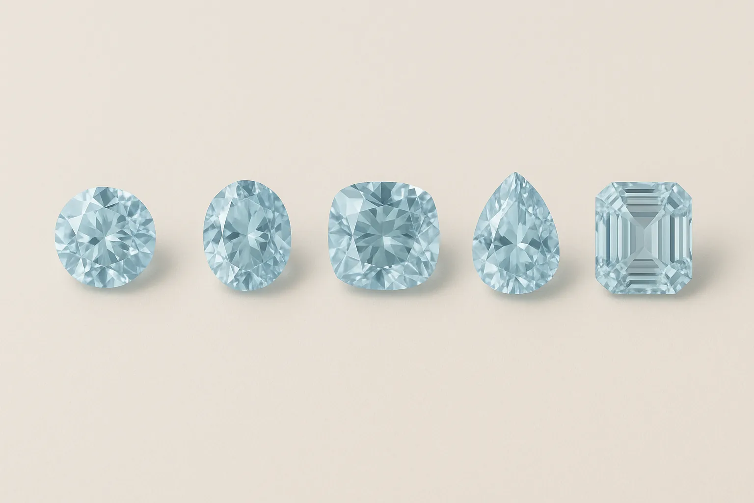 Five aquamarines of identical color and size in a row, cut as a round brilliant, an oval, a cushion, a pear and an emerald cut.