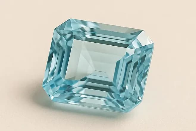 A single loose emerald-cut aquamarine in a clear sea blue, resting alone on a warm ivory surface.