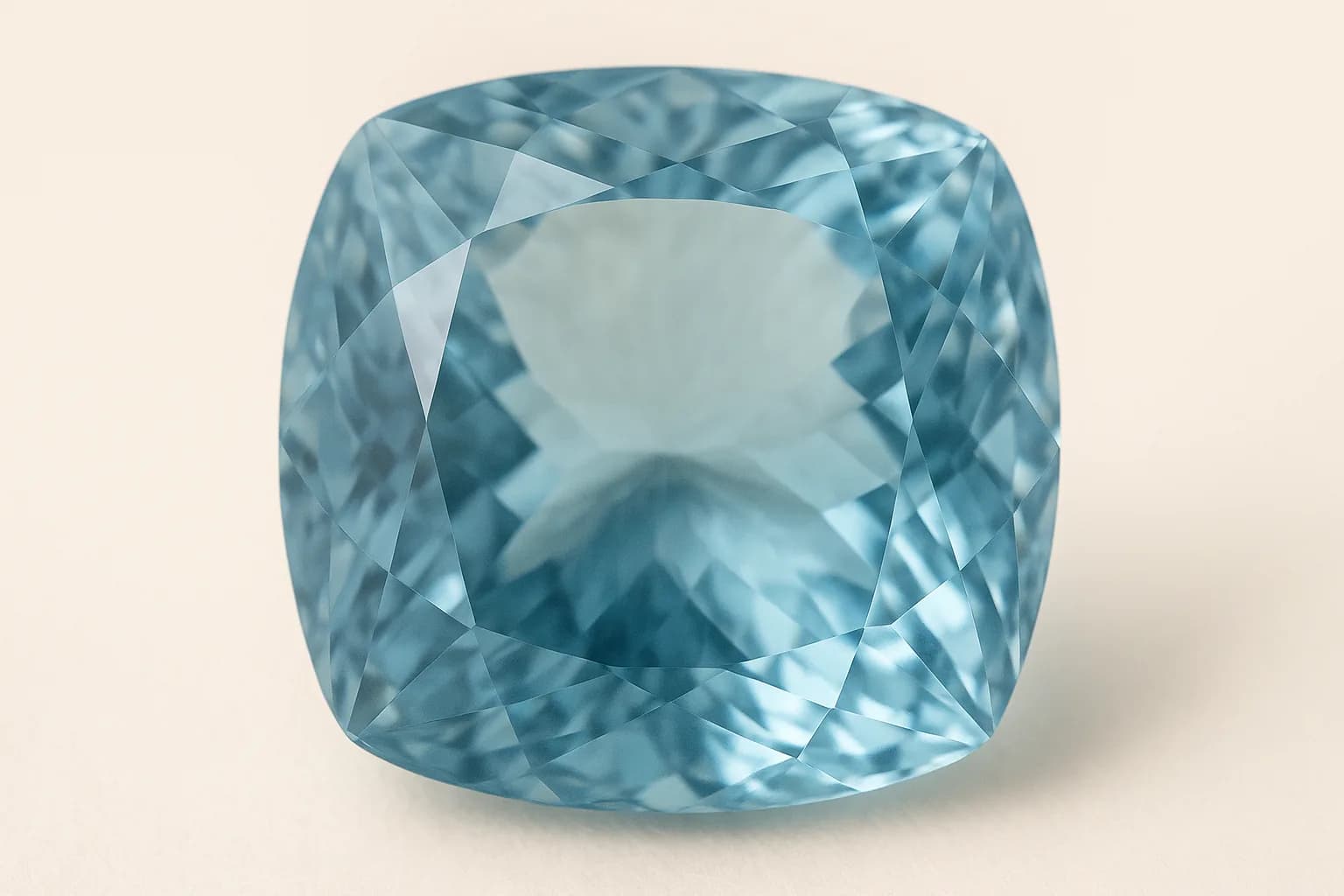 Extreme close-up of a cushion-cut aquamarine, showing the blue deepening through the stone and the crisp edges where the facets meet.