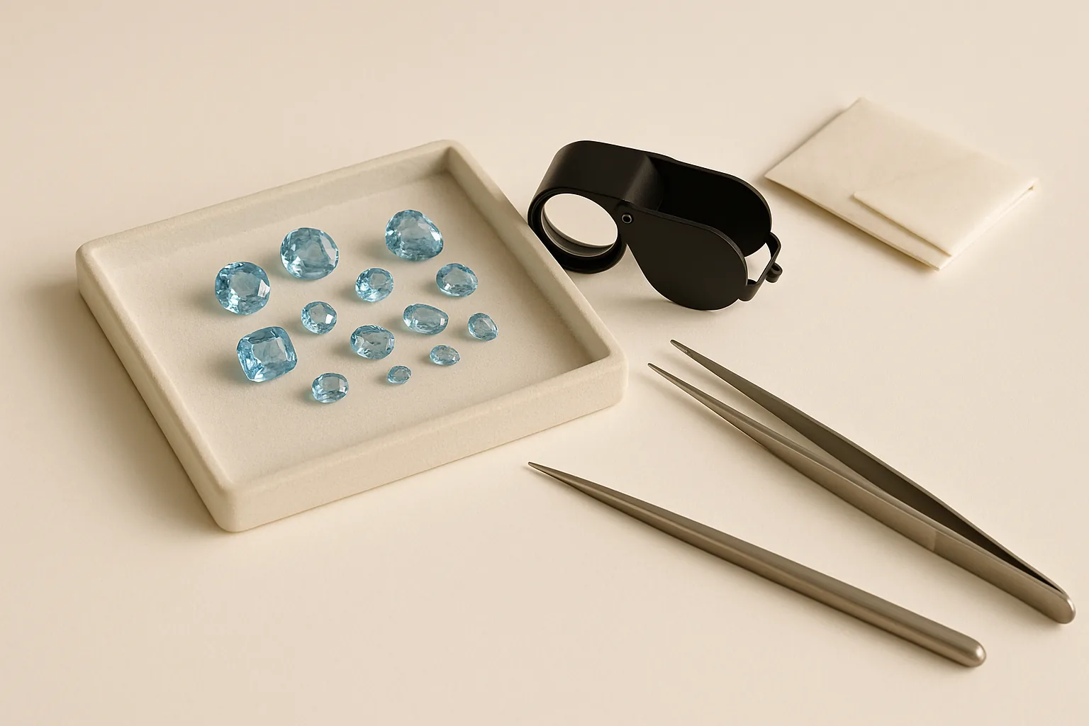 A gem tray of loose aquamarines in assorted sizes beside a jeweller's loupe, stone tweezers and folded paper parcels.
