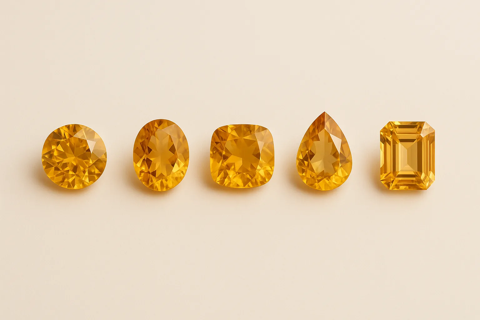 Five citrines of identical color and size in a row, cut as a round brilliant, an oval, a cushion, a pear and an emerald cut.