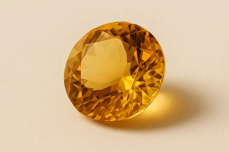 A single loose round-cut citrine in a warm golden yellow, resting alone on a warm ivory surface.