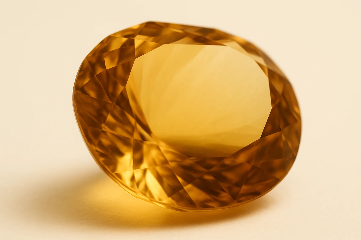 Extreme close-up of an oval citrine, the gold deepening toward the pavilion and light returning through the facets.