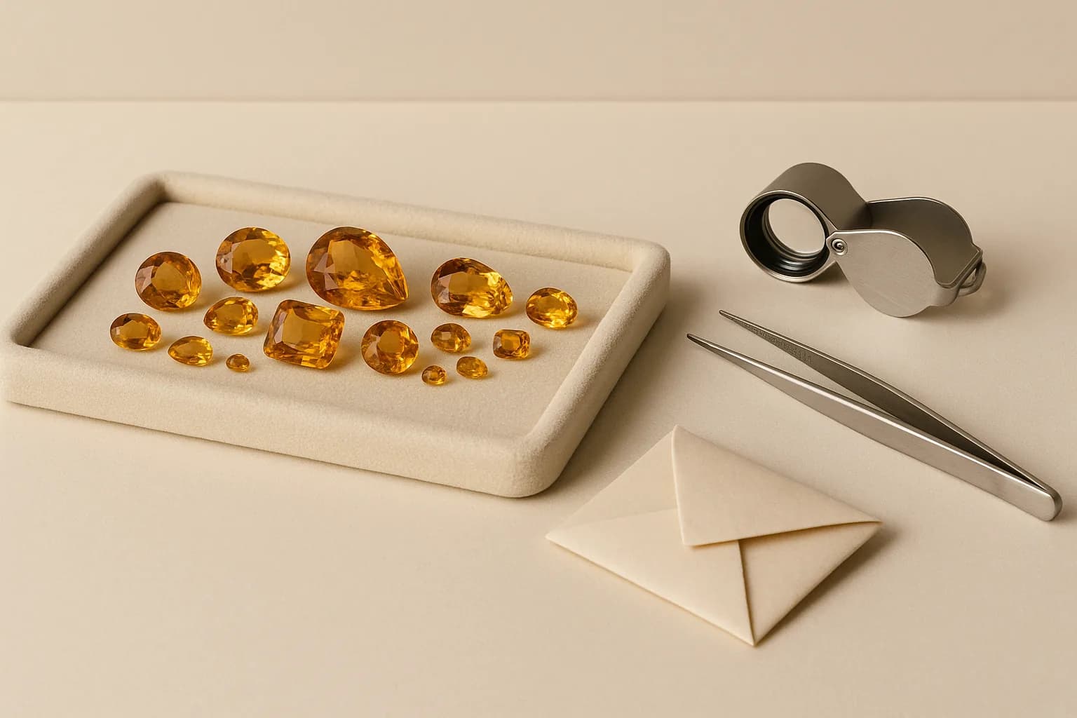 A gem tray of loose citrines in assorted sizes beside a jeweller's loupe, stone tweezers and folded paper parcels.