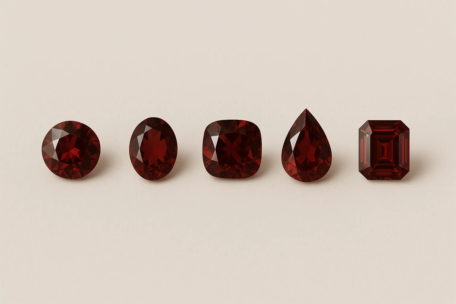 Five garnets of identical color and size in a row, cut as a round brilliant, an oval, a cushion, a pear and an emerald cut.