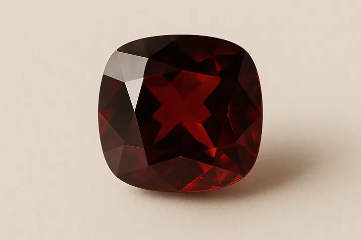 A single loose cushion-cut garnet in a deep wine red, resting alone on a warm ivory surface.