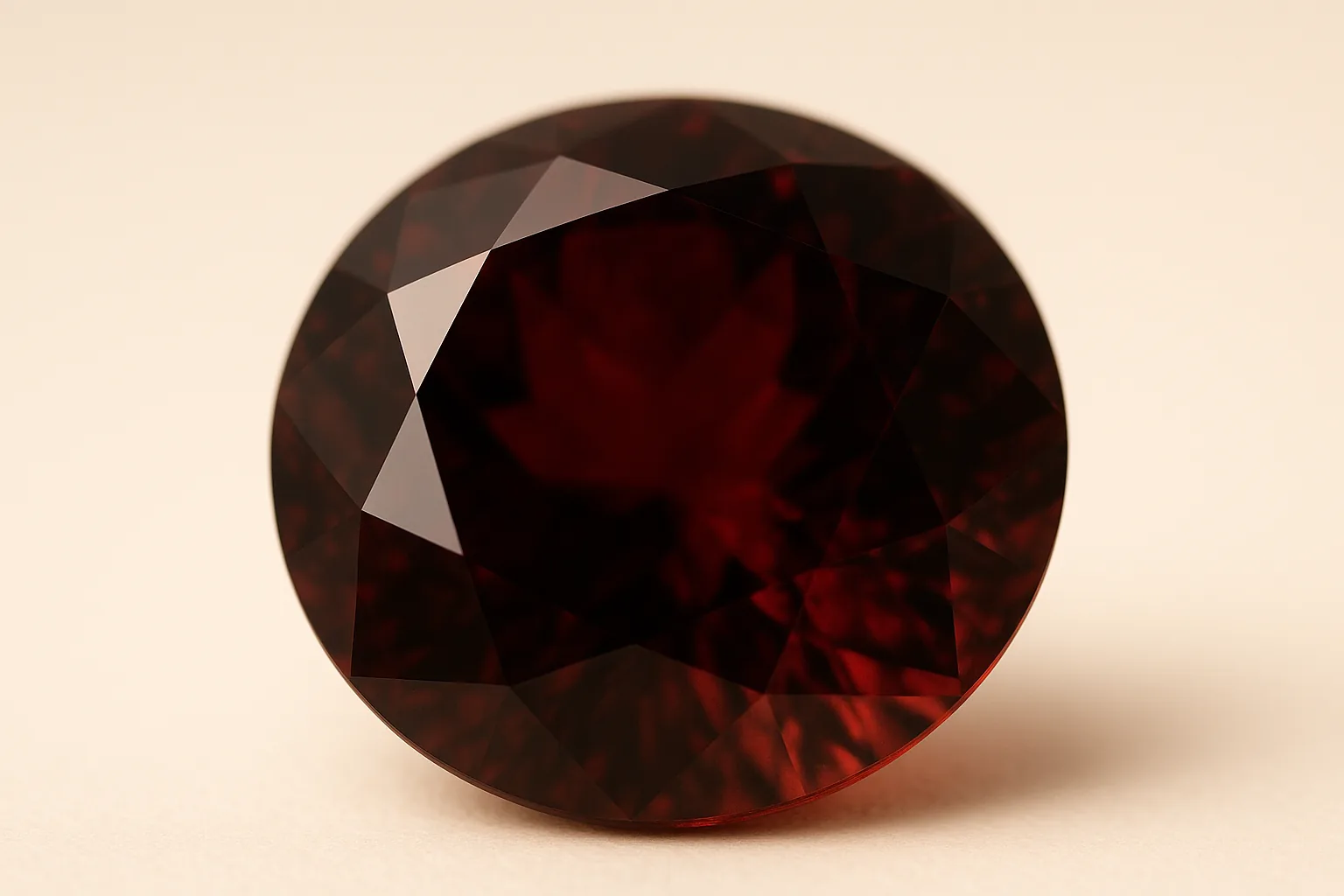 Extreme close-up of a round garnet, the red darkening toward the center where the stone is deepest.