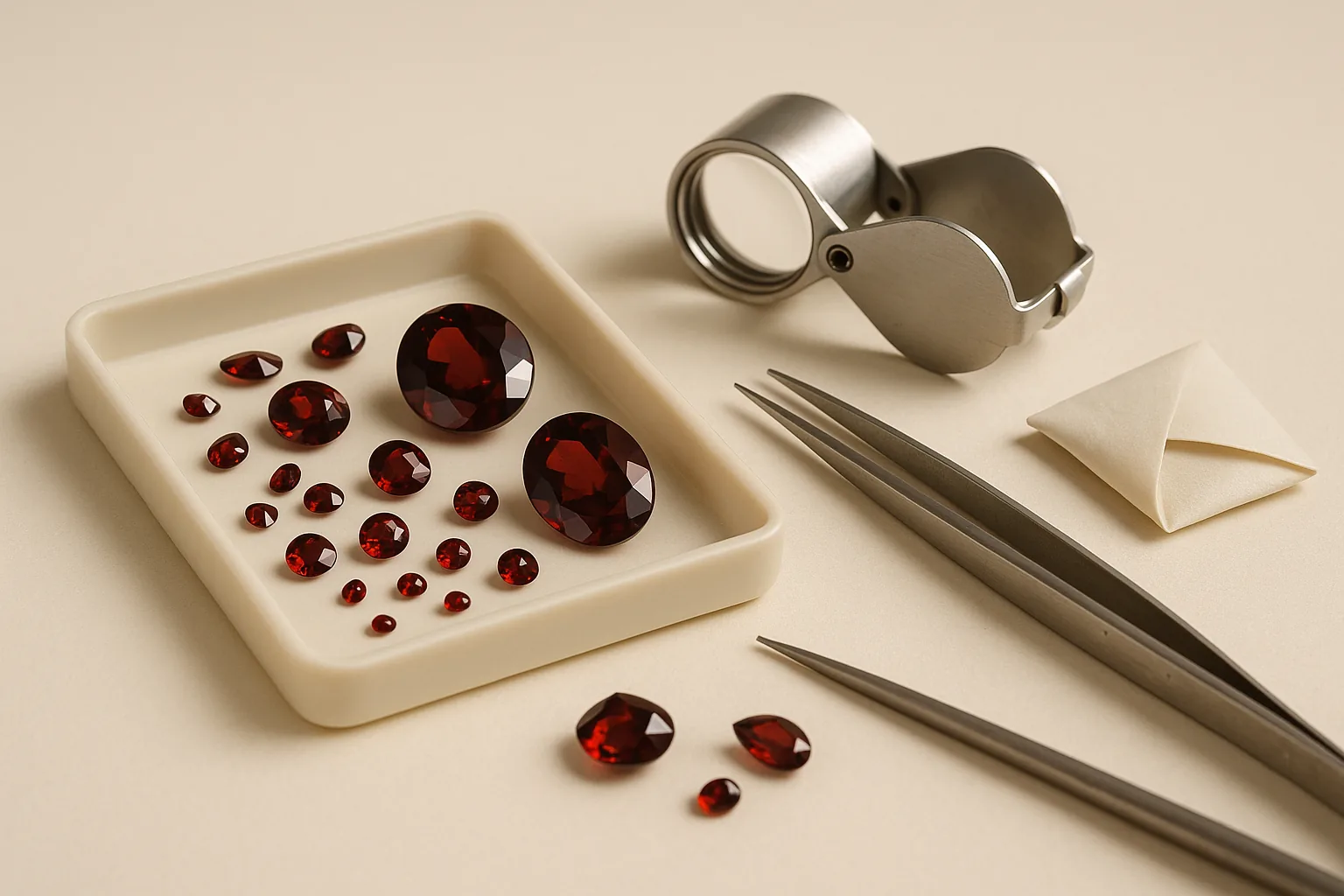A gem tray of loose garnets in assorted sizes beside a jeweller's loupe, stone tweezers and folded paper parcels.