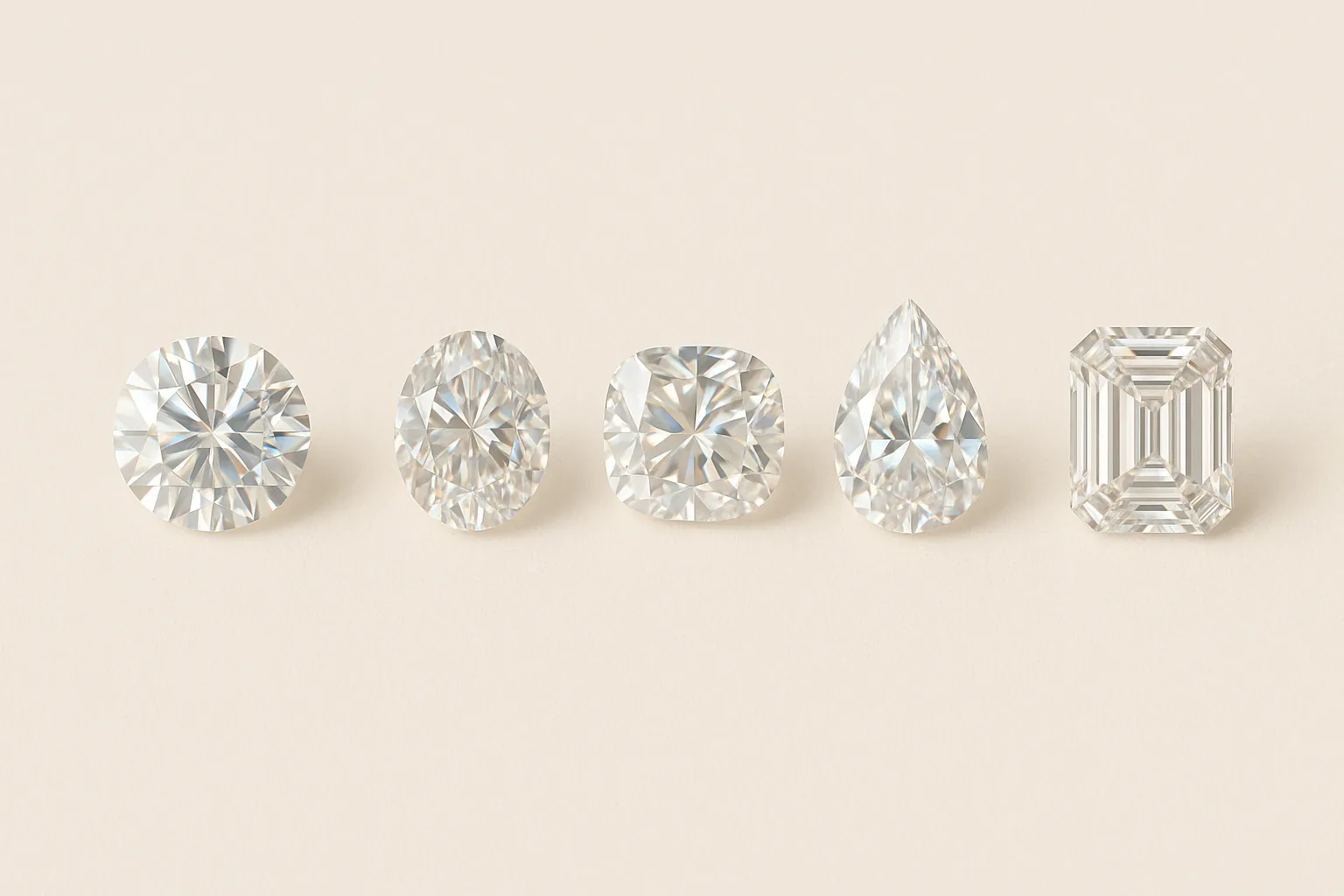 Five colorless moissanites of identical size in a row, cut as a round brilliant, an oval, a cushion, a pear and an emerald cut.