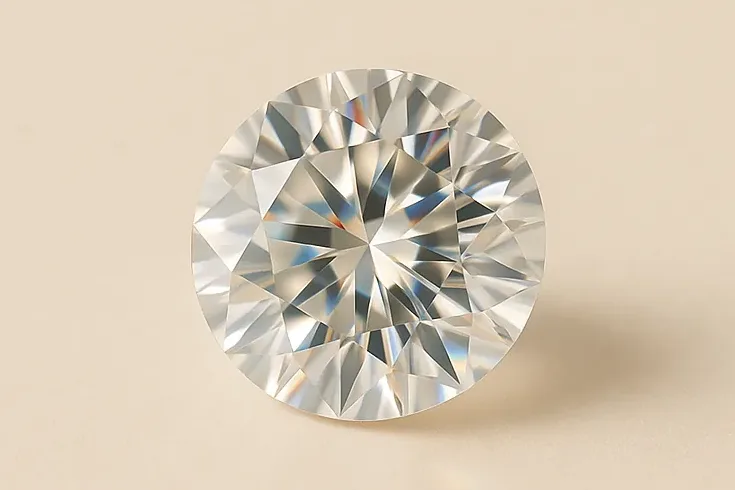 A single loose round brilliant moissanite, colorless and bright, resting alone on a warm ivory surface.