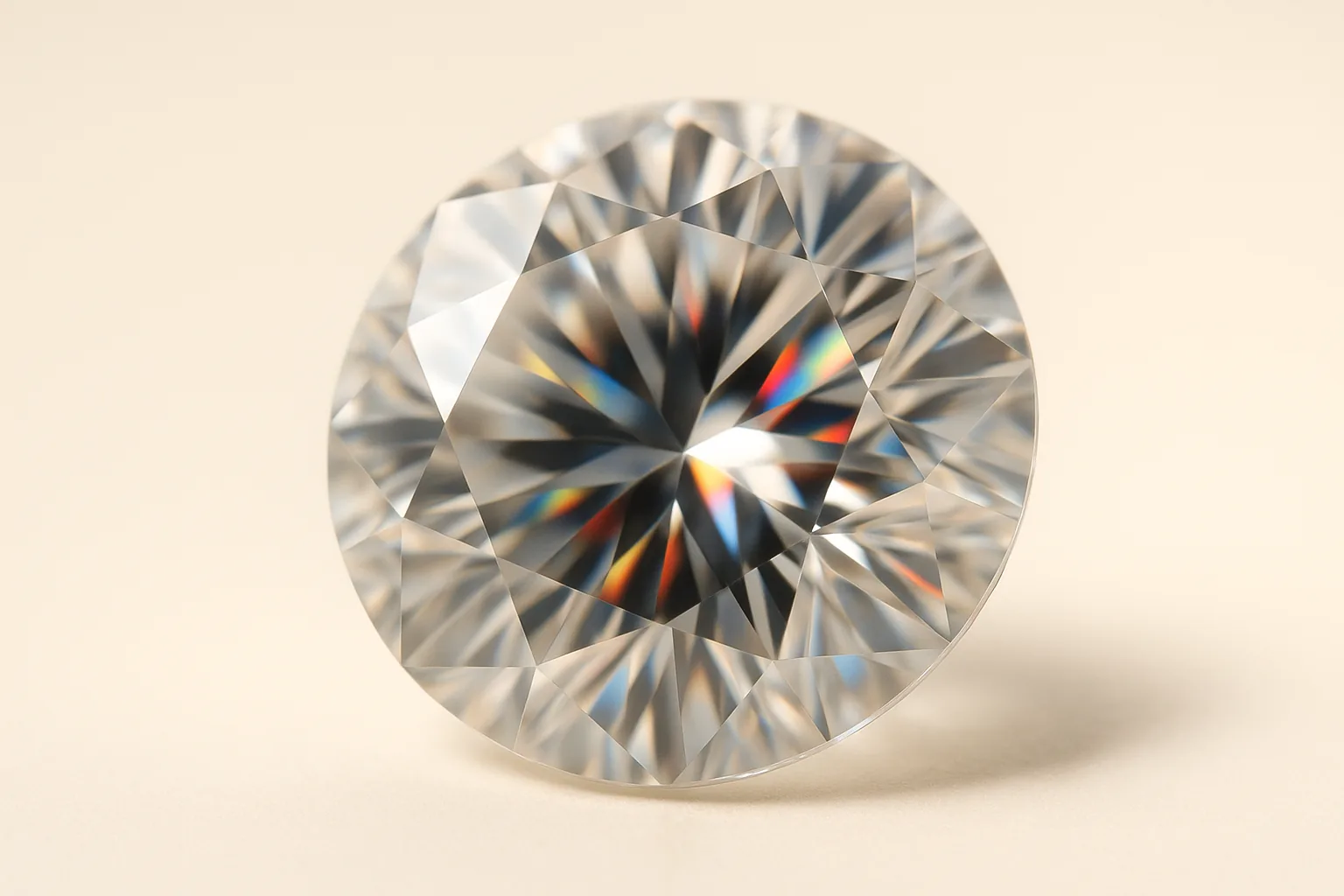Extreme close-up of a round brilliant moissanite throwing distinct red, blue and green flashes from within the colorless stone.