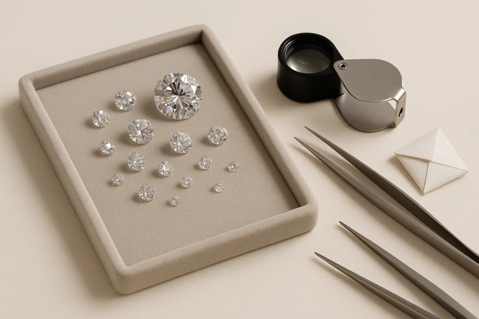 A gem tray of loose colorless moissanite in assorted sizes beside a jeweller's loupe, stone tweezers and folded paper parcels.