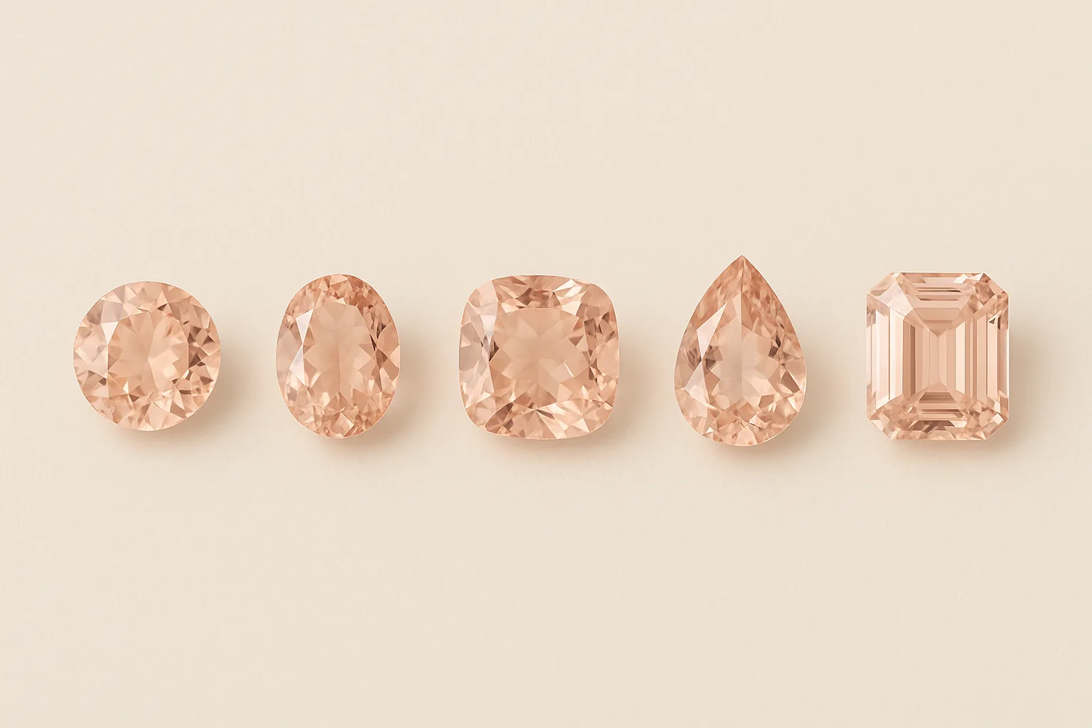 Five morganites of identical color and size in a row, cut as a round brilliant, an oval, a cushion, a pear and an emerald cut.