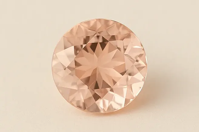 A single loose round morganite in a soft peachy pink, resting alone on a warm ivory surface.