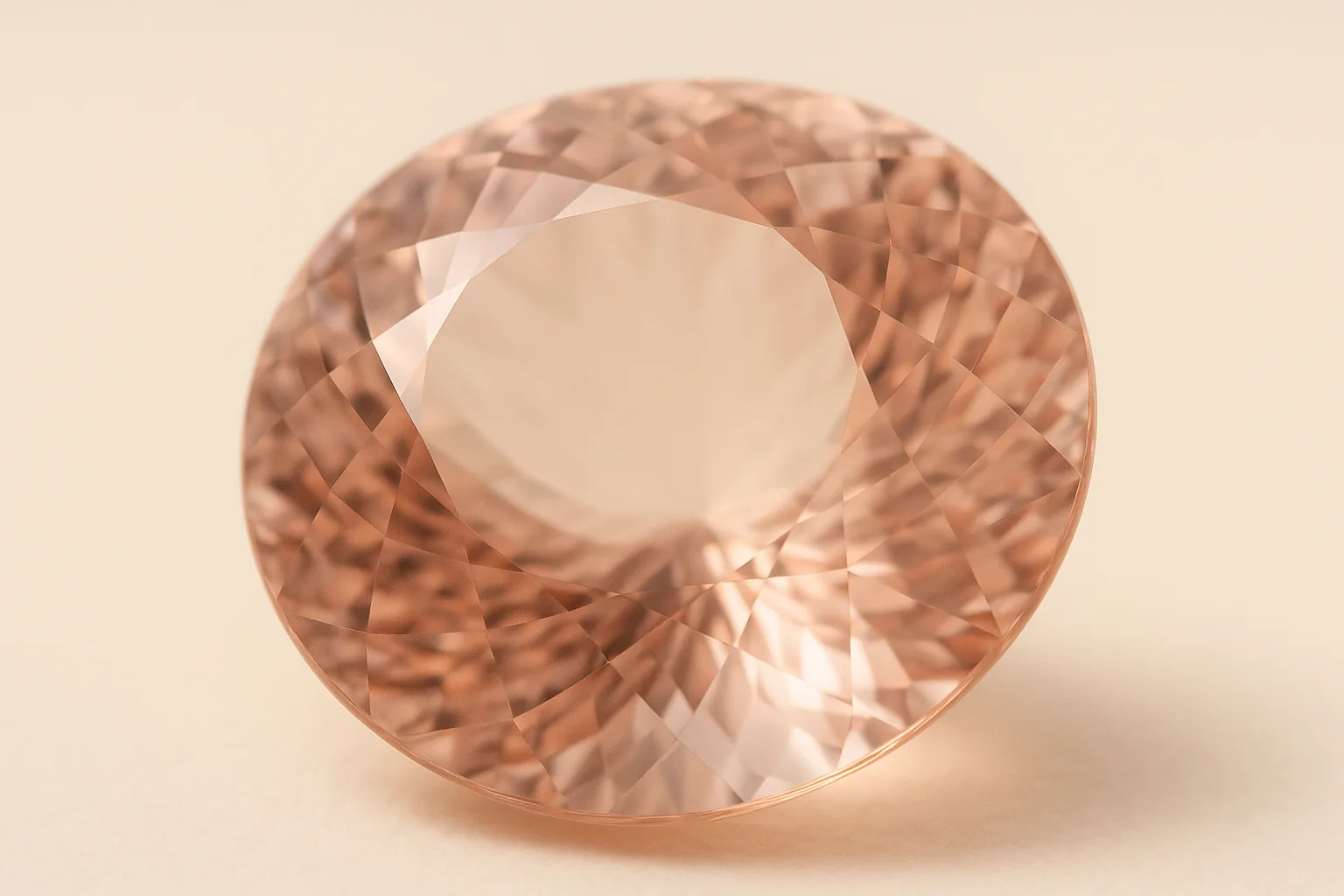 Extreme close-up of an oval morganite, the pale pink gathering toward the center of the stone.