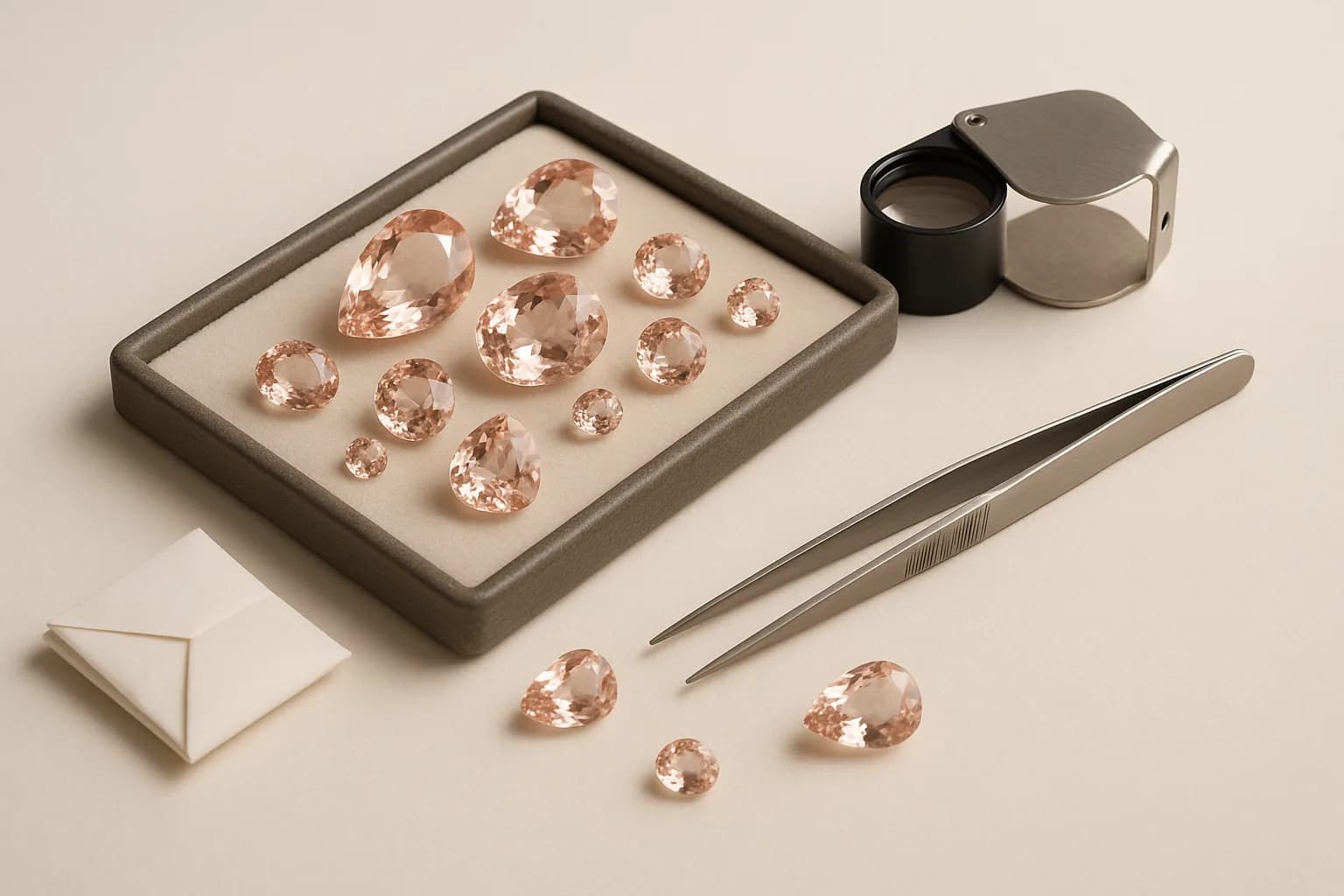 A gem tray of loose morganites in assorted sizes beside a jeweller's loupe, stone tweezers and folded paper parcels.