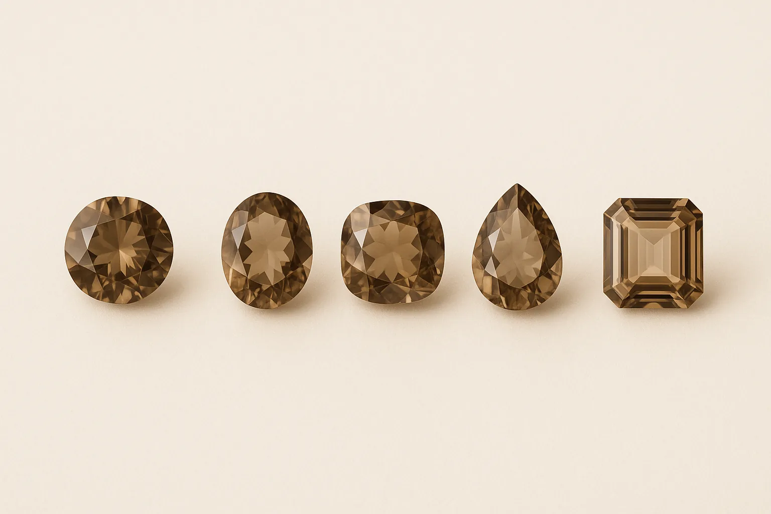 Five smoky quartz of identical color and size in a row, cut as a round brilliant, an oval, a cushion, a pear and an emerald cut.