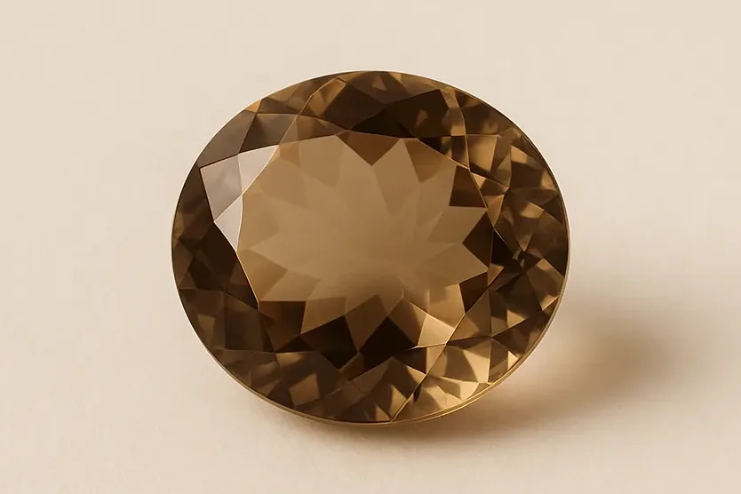 A single loose oval smoky quartz in a warm transparent brown, resting alone on a warm ivory surface.