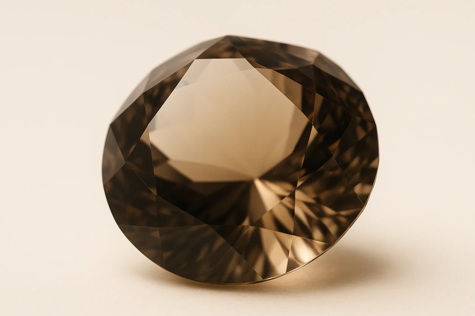 Extreme close-up of a round smoky quartz, the brown deepening through the stone with the facet junctions sharply defined.