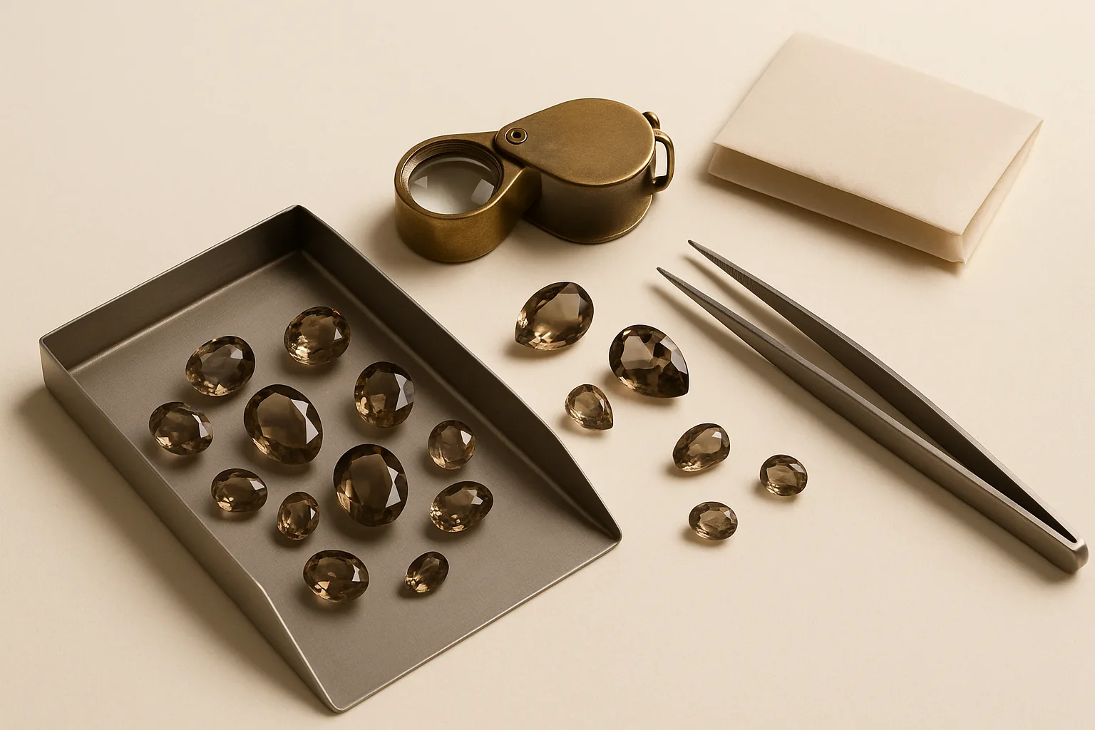 A gem tray of loose smoky quartz in assorted sizes beside a jeweller's loupe, stone tweezers and folded paper parcels.