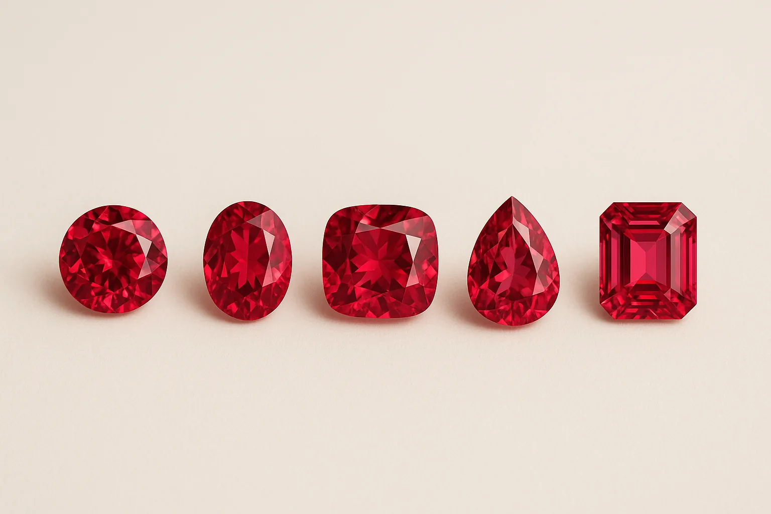 Five red spinels of identical color and size in a row, cut as a round brilliant, an oval, a cushion, a pear and an emerald cut.