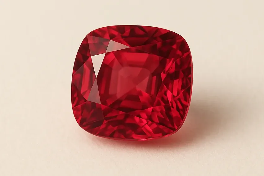A single loose cushion-cut red spinel, brighter and more open in tone than a garnet of the same size, on a warm ivory surface.