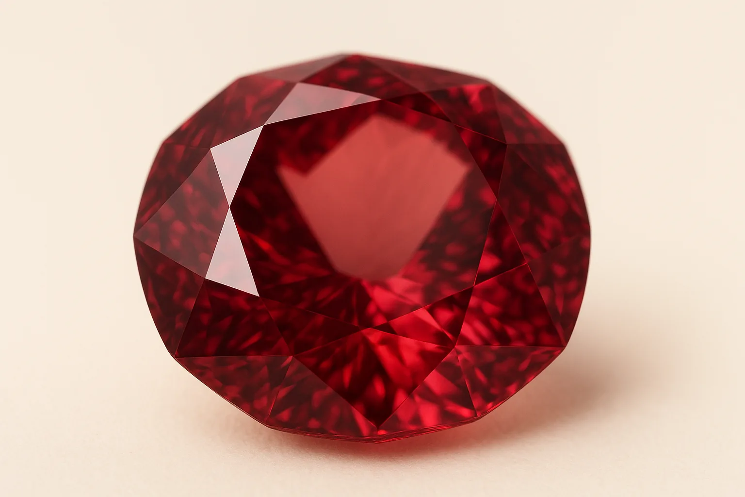 Extreme close-up of a round red spinel, the facet edges reading crisply against the saturated red.