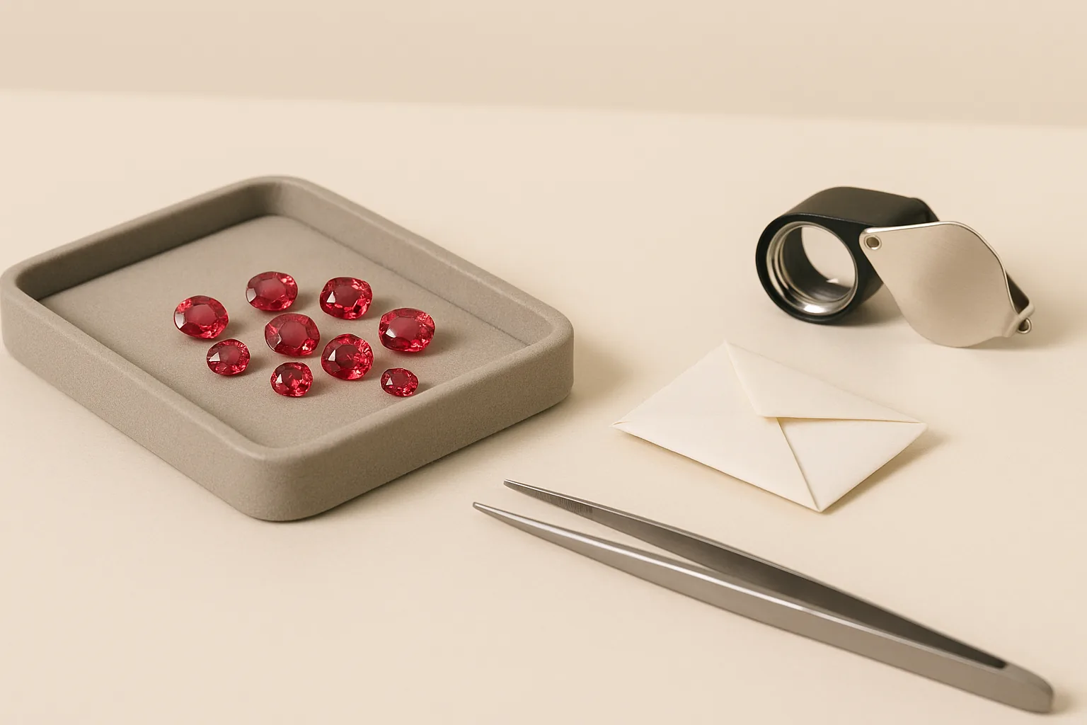 A gem tray of loose red spinels in assorted sizes beside a jeweller's loupe, stone tweezers and folded paper parcels.