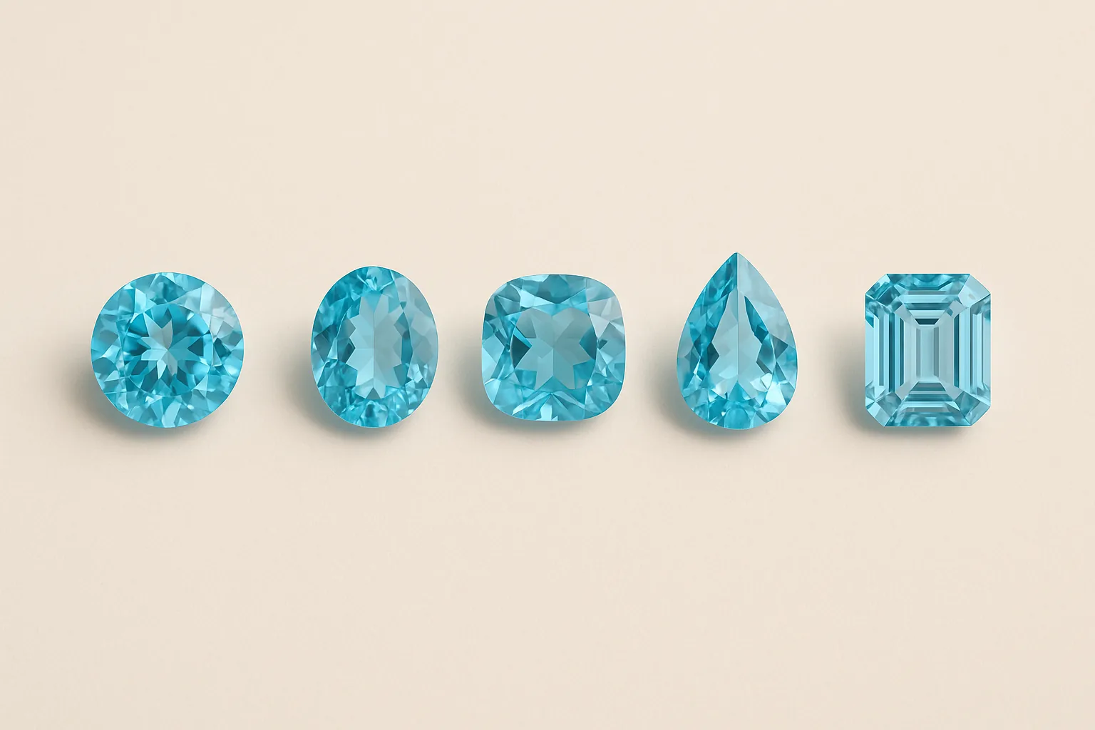 Five blue topaz of identical color and size in a row, cut as a round brilliant, an oval, a cushion, a pear and an emerald cut.