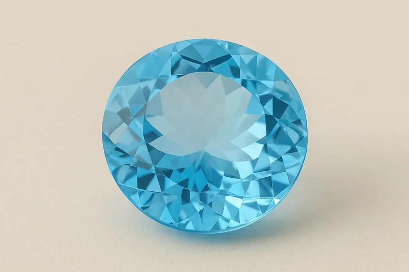 A single loose round blue topaz in a clear sky blue, resting alone on a warm ivory surface.