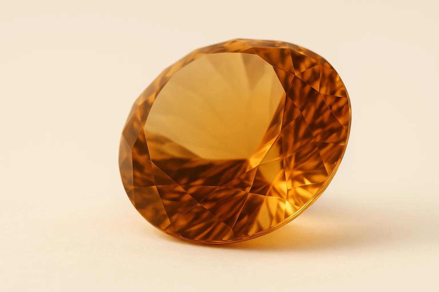 Extreme close-up of an oval Imperial topaz in a warm orange amber, the color deepening through the body of the stone.